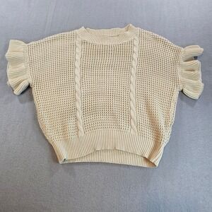 Unbranded Ruffle Sleeve Sweater Women S Beige Cable Knit Crew Neck Short Sleeve